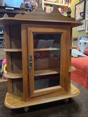 Vintage Wooden Curio Cabinet: Trinket Display with Glass Enclosure